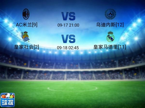 足球球探网比分(足球｜AC米兰VS乌迪内斯，皇家社会VS皇家马德里)