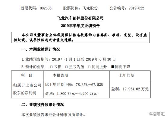 飞龙股份千股千评(飞龙股份：半年报业绩预降超6成 股价创三年来的新低)