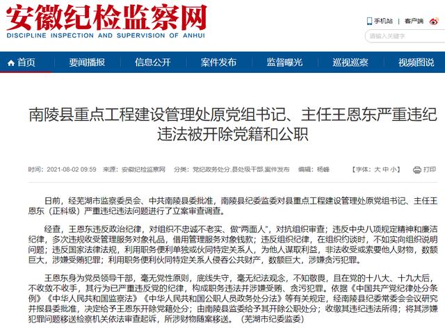 王恩东南陵:南陵县重点工程建设管理处原党组书记王恩东被双开