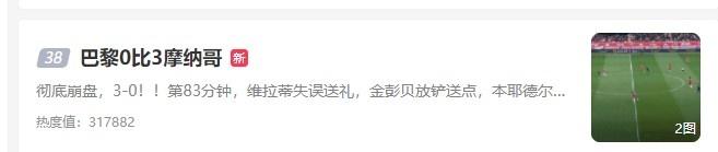微博热搜(巴黎0-3摩纳哥冲上微博热搜，目前位居热搜第38位)