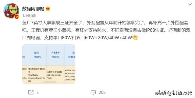大屏手机8寸以上(7英寸骁龙8最大屏vivo新品手机获3C认证 配备最高80W双口快充头)