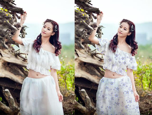 ps怎么给图片换颜色而不影响图片的花纹(用神奇的PS让美女的白裙子换上不同花色，这个技能简单易学！)