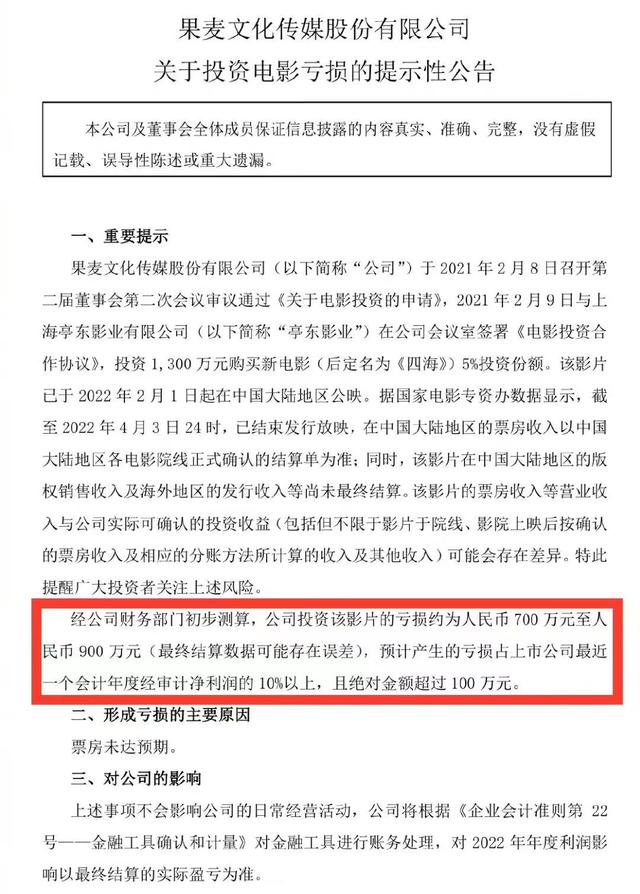 乘风破浪票房最终票房:《四海》票房没达到预期，投资公司曝亏损金额，网友热议亏损原因